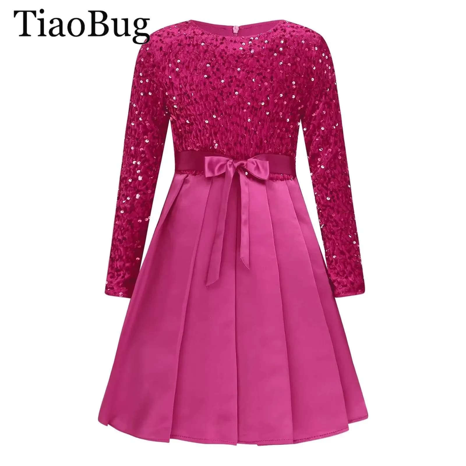 Abito da festa di Natale con paillettes lucide per ragazze, manica lunga, con cintura, pieghettato, abito da principessa di Capodanno, banchetto, matrimonio, compleanno, abiti da ballo