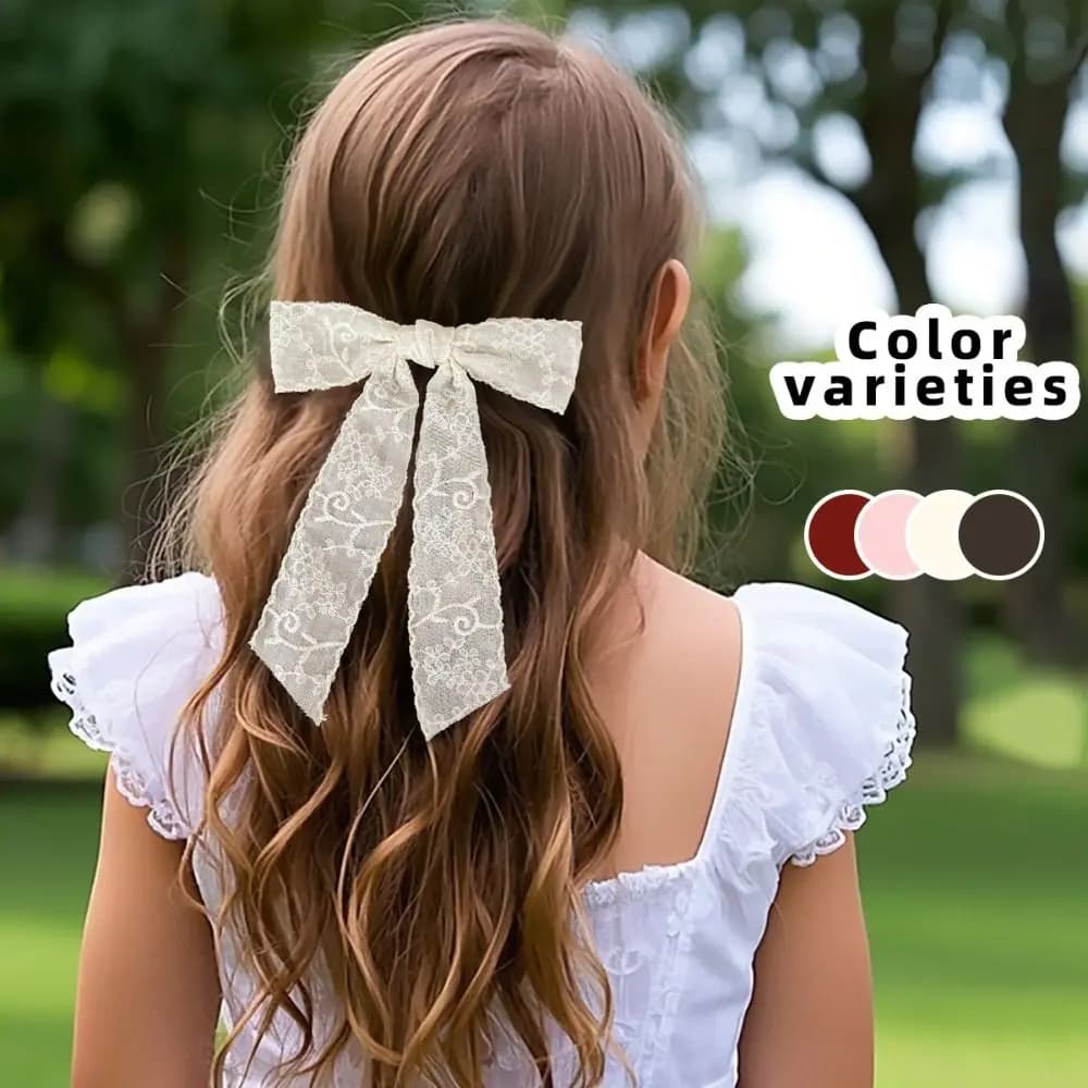 Lace-trimmed Bow Hair Clips Long Tail Versatile Lace Hair Clip Handmade Floral Embroidery Simple Bow Ribbon Hair Clip