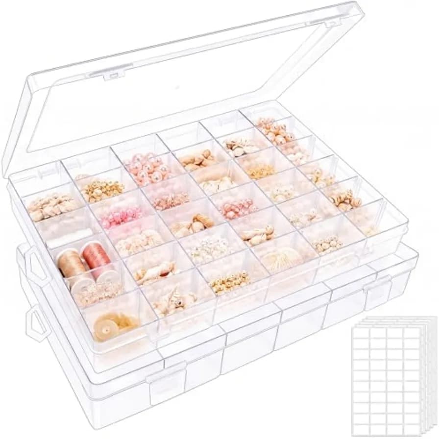 Clear Bead Organizer Tackle Box with Adjustable Dividers for Jewelry Art Craft Containers 36 Grids Compartment with 5 Sheets La
