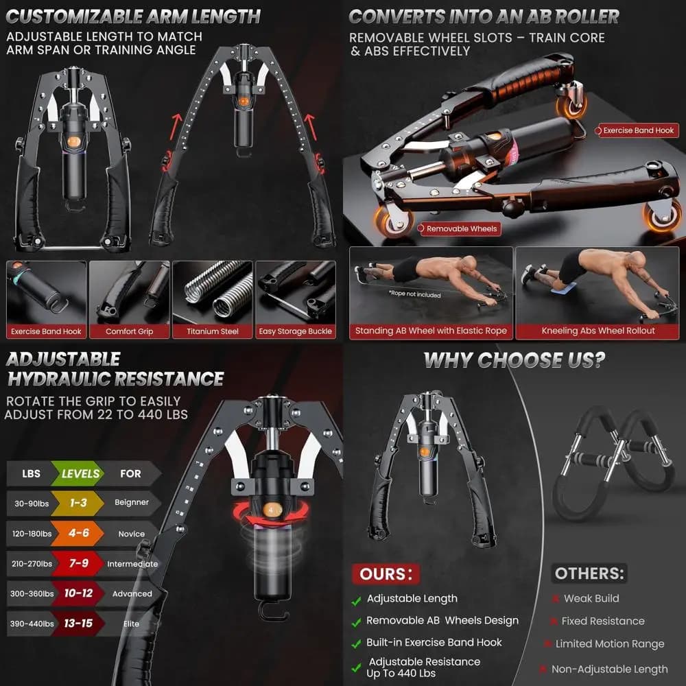 3-in-1 training for Petto and Arms with Abdominal Roller, Adjustable 10-200 kg, Suitable for Men and Women, Home Gym