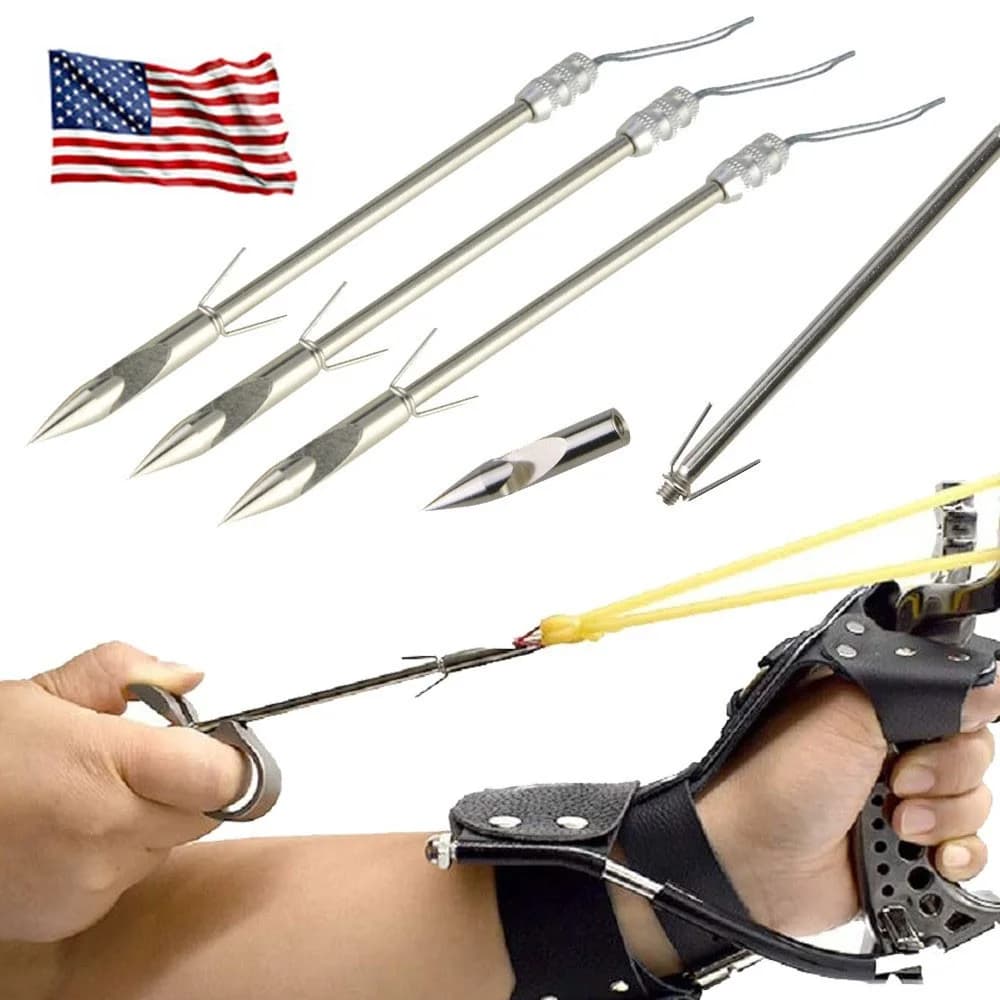 Stainless Steel Bowfishing Darts 6Pcs Silver Fish Dart with Storage Quiver Heavy Duty Slingshot Catapult Fishing Arrowheads Wear Resistant Metal Tips for Outdoor Bowfishing Camping Entertainment Accessory