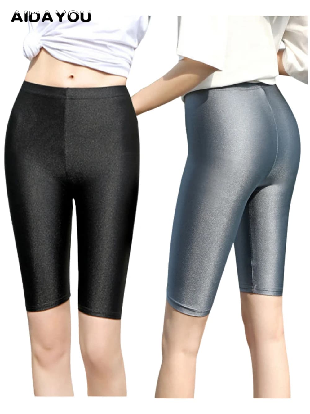 Leggings Capri Corti Elasticizzati Argento Metallizzato, Shorts Lucidi Argento Ondulato, Leggings Sportivi Massaggianti, Biker, Jogger, Ciclismo