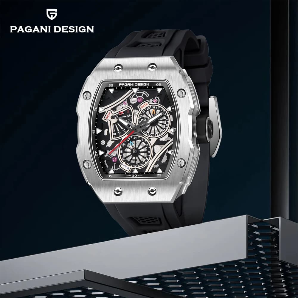 PAGANI DESIGN Orologio sportivo da uomo con quadrante grande scavato in silicone nero impermeabile alla moda, stile militare, movimento al quarzo originale