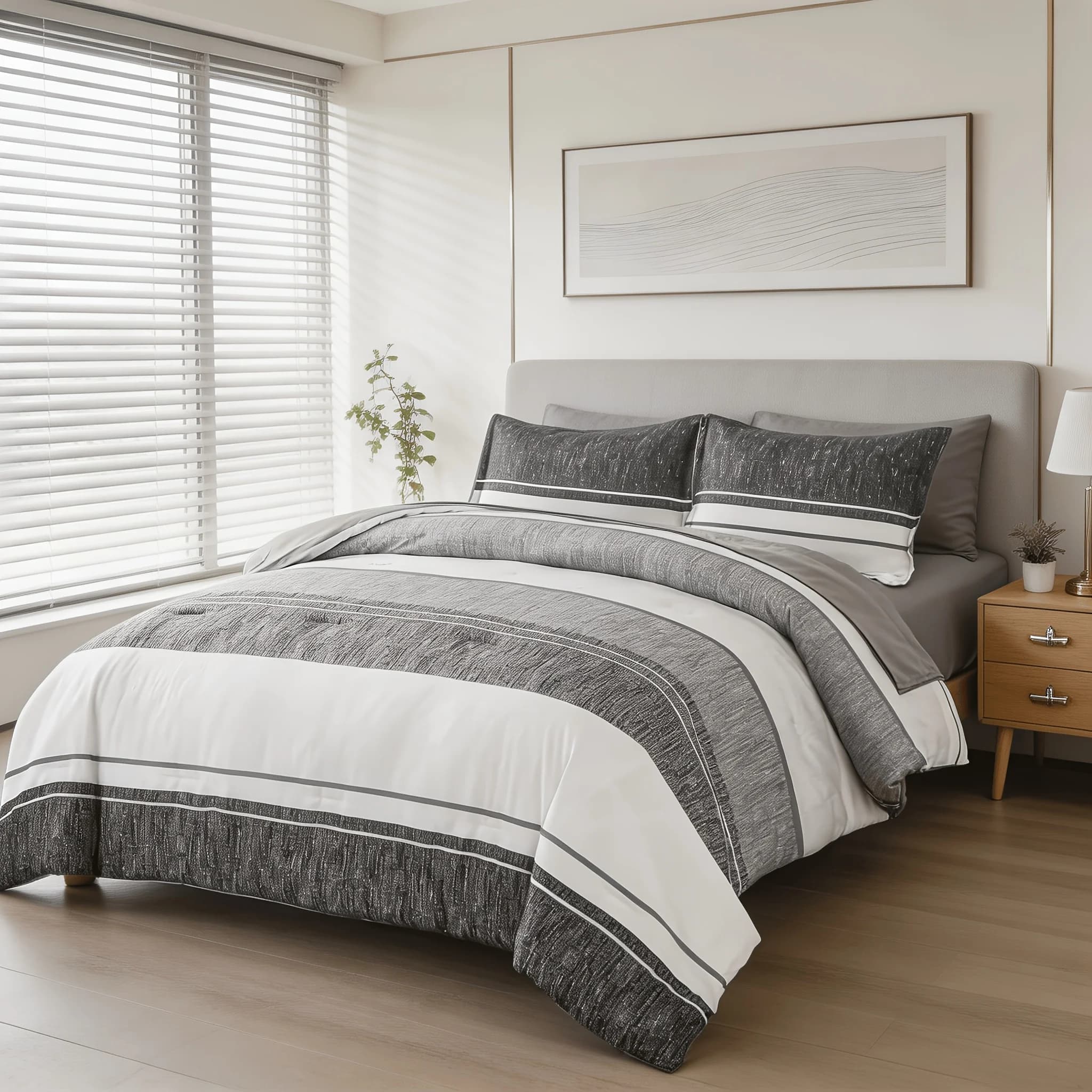 7-Piece Queen Bed Set – Soft Grey & White Striped Microfiber Comforter + Flat Sheet + Fitted Sheet + 4 Pillowcases | All-Season Ready, Hypoallergenic, Machine Washable
