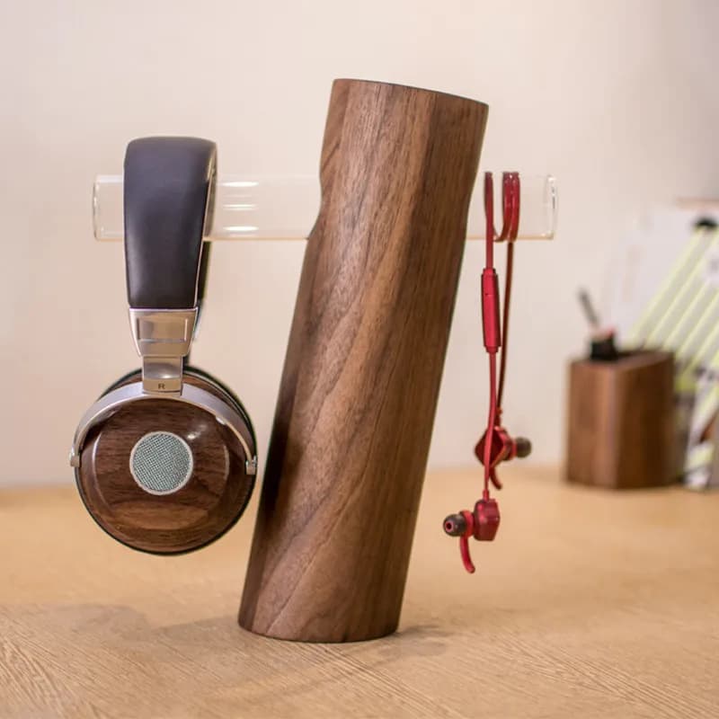 Support for Creative Headphones in Black Walnut, Custom T Shape Headphones in Natural beech wood, Gaming and Office desk display