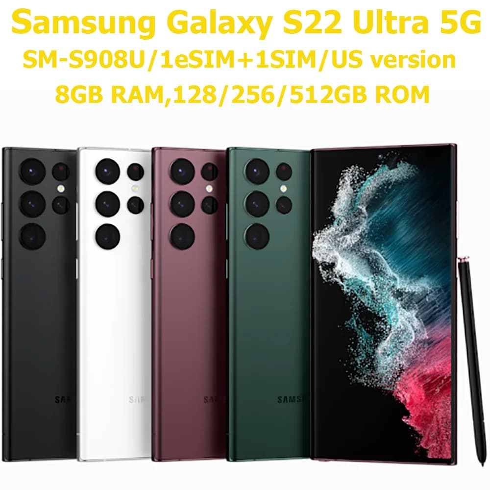 Samsung Galaxy S22 Ultra 5G 8K Fotocamera 108 MP 108MP 5000mAh 45W Samsung S22U Telefono Versione USA Sblocca NFC 1 SIM + 1 eSIM da 6,8 pollici