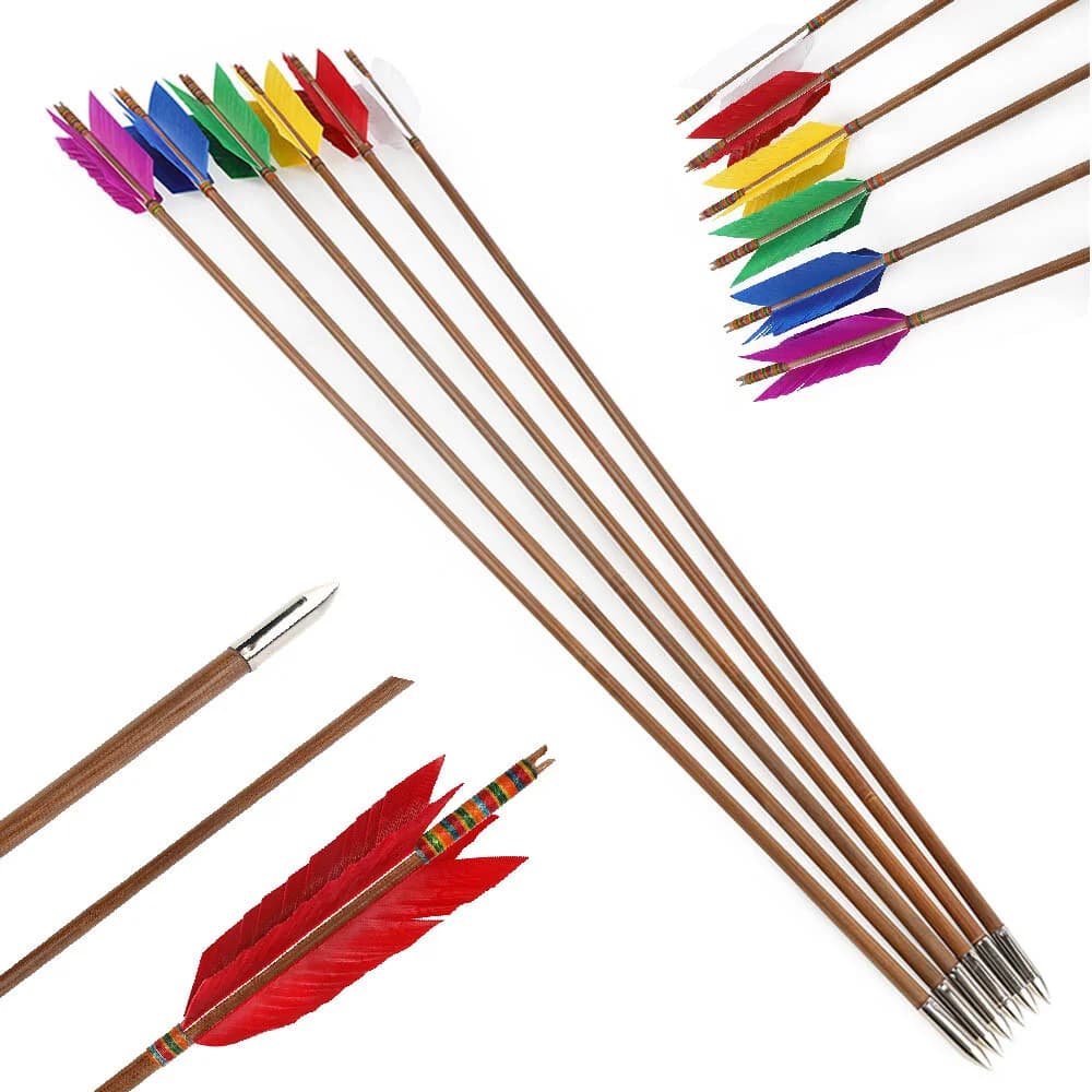 12pcs Bamboo Arrows OD8mm 33-inch Shaft with 4-inch Natural Turkey Feather Fletching for Traditional Longbow Recurve Bow Hunting Target Practice