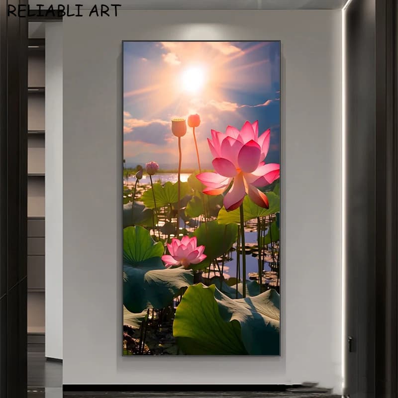 Poster e Stampe su Tela con Paesaggio Naturale al Tramonto con Fiori di Loto, Quadri da Parete per Soggiorno, Decorazione Casa Senza Cornice