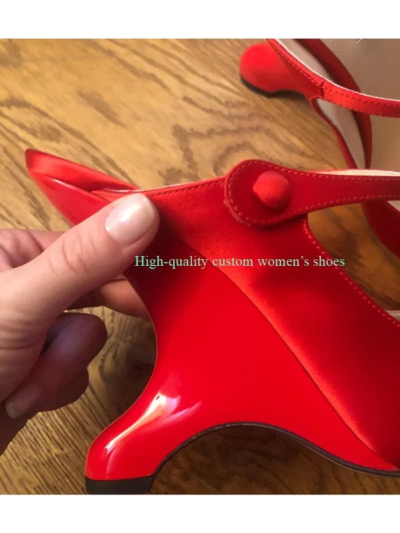 Red Tip Satin Fabric Unique Heels Low-Cut Sandals Hollowed-Out Instep Ankle Buckle Runway Style Handmade Luxury Women's Shoes