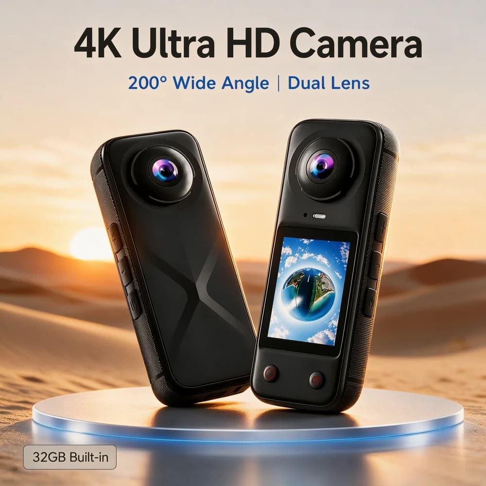 Panoramic Action Camera Front & Rear Dual Lens 200° Wide‑Angle, 2.0 Inch Screen Handheld Vlog Cam Magnetic Lens Cover