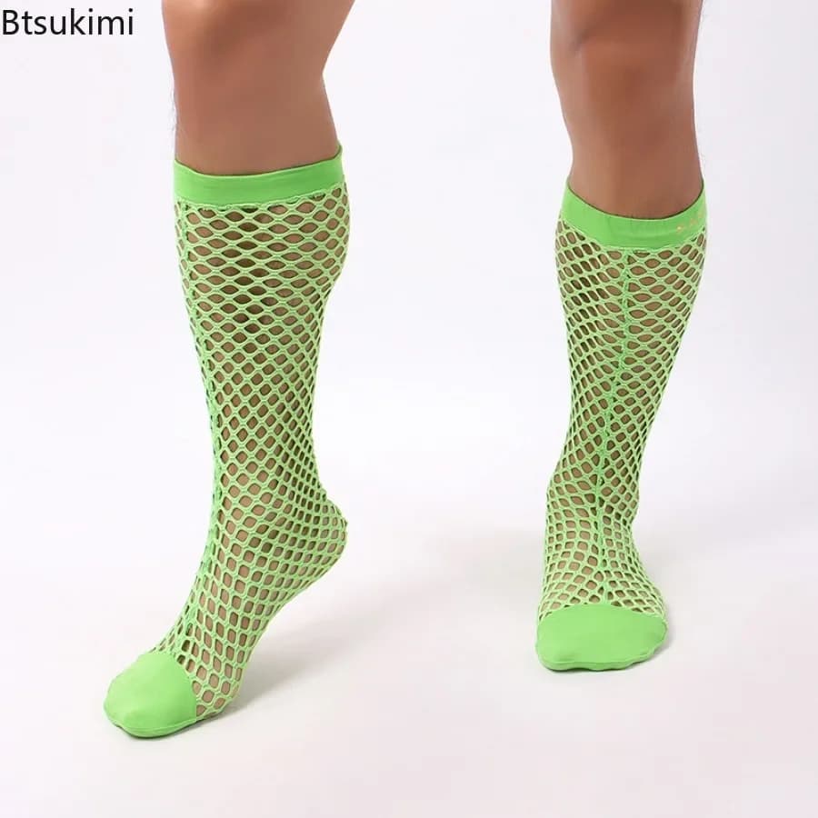 2026 Men's Socks Hollow Mesh Breathable Sockings Transparent Fishing Net Sports Night Club Wear Solid Color Middle Socks for Man