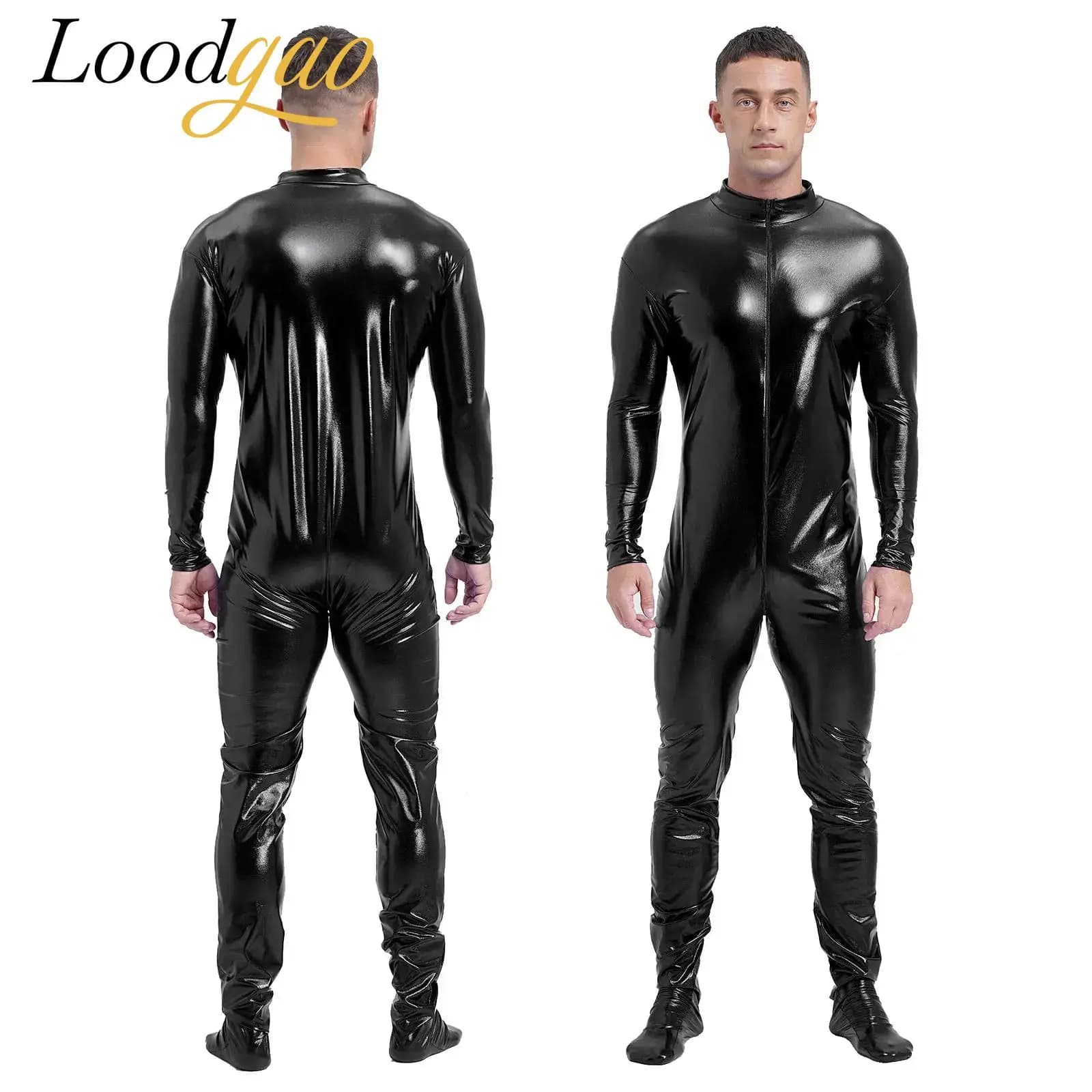 Tuta da uomo Zentai metallizzata lucida Costume cosplay Performance Stage Disco Clubwear Body intero con collant
