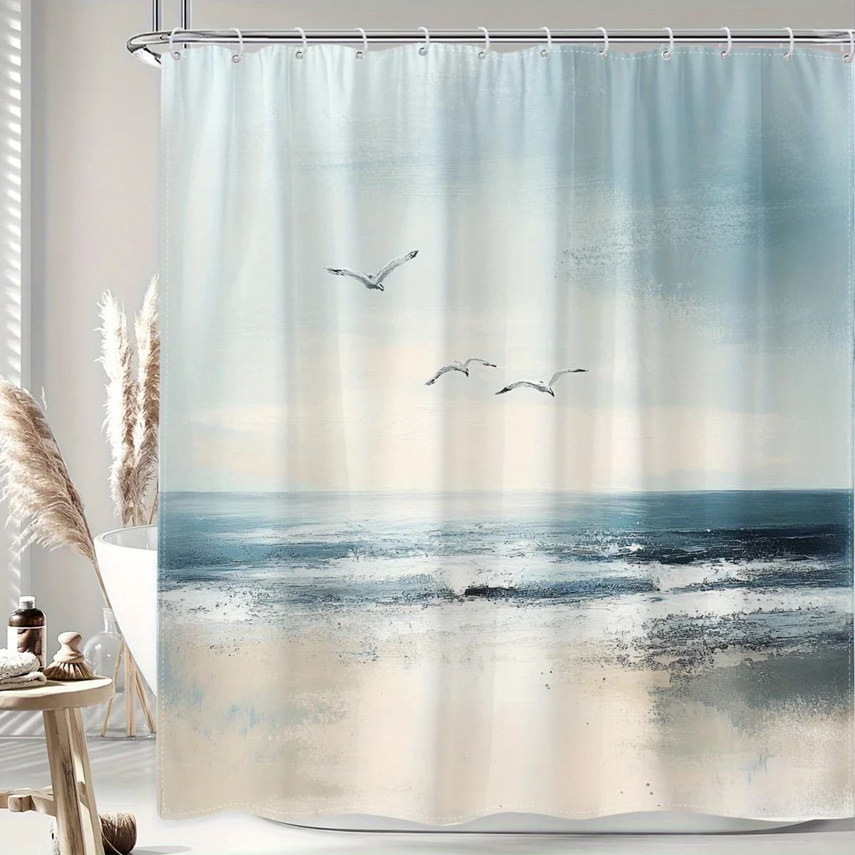 1 tenda da doccia elegante da spiaggia oceanica, design gabbiano e tramonto, poliestere, ganci bianchi, ideale per l'arredamento del bagno, uso per tutte le stagioni