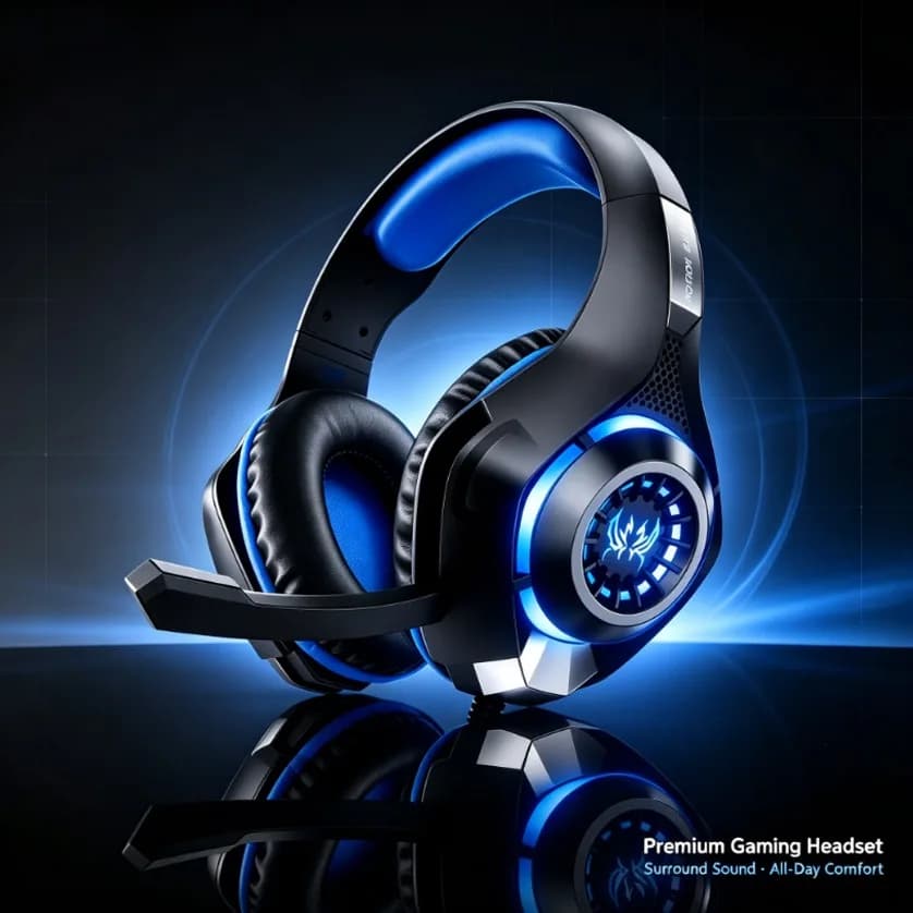 Headset with Microphone Gaming RGB LED Over Ear Headphones Stereo Surround Sound for PC Console Mobile Laptop Black