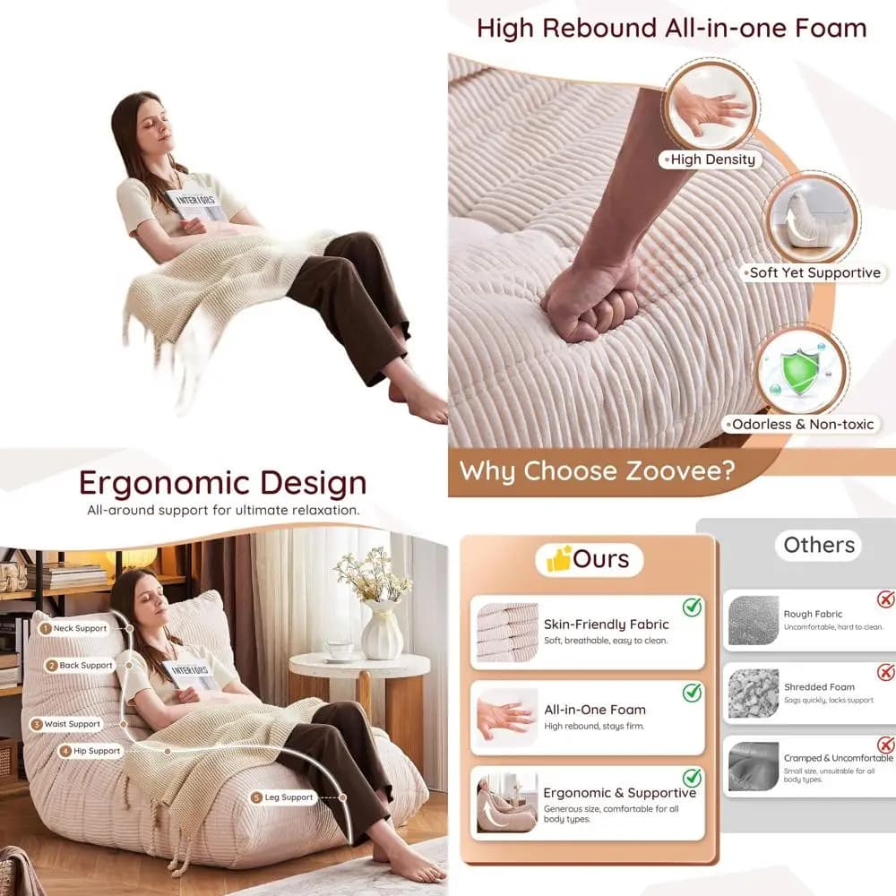 Poltrona a sacco in memory foam di grandi dimensioni per adulti - Divano pigro in velluto a coste per una lettura comoda, giochi, soggiorno, camera da letto, beige
