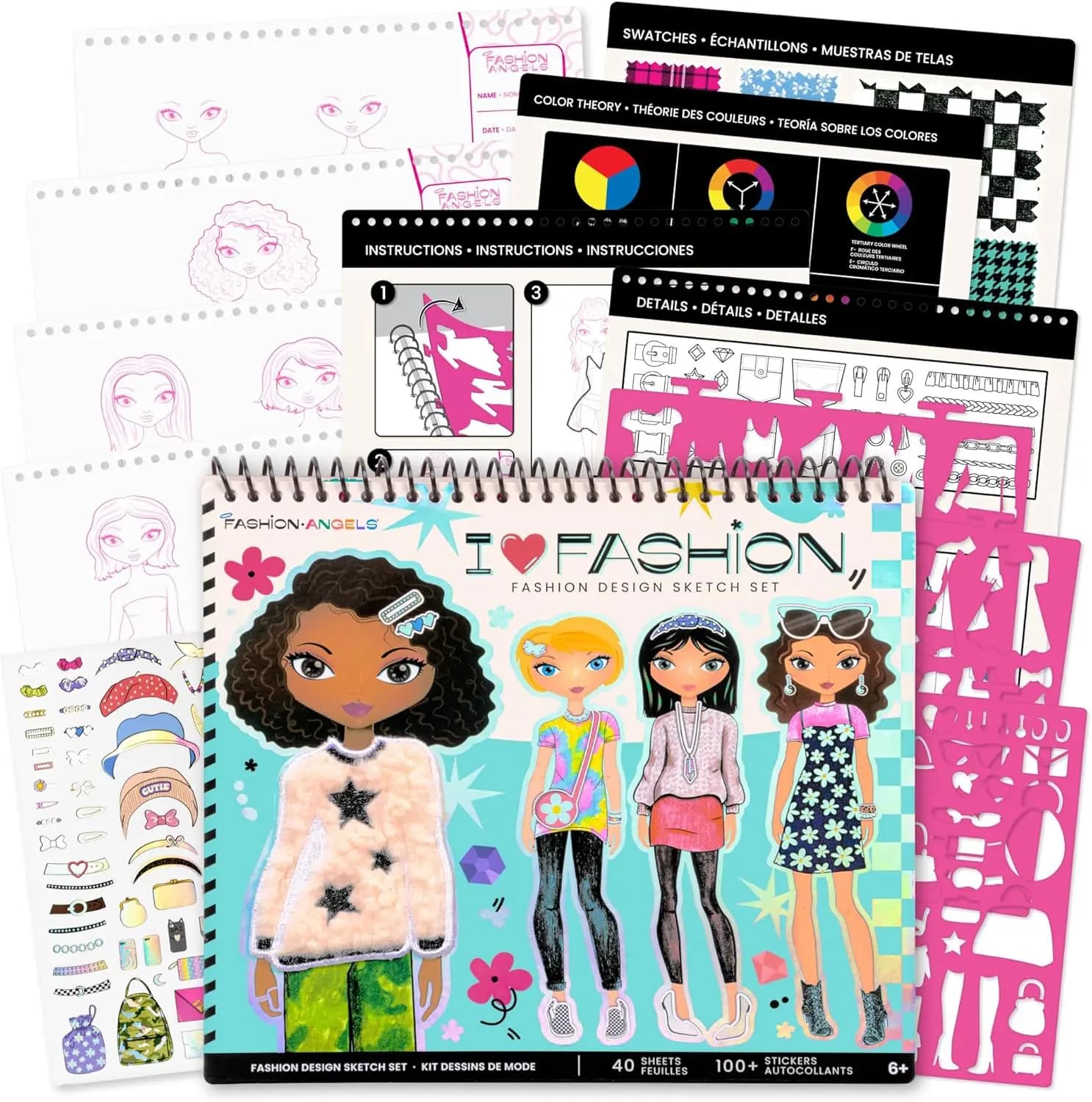 Fashion Design Sketch Portfolio for Girls, Includes Sketch Pad with Stencils & Stickers, Ideal Drawing Kit for Kids