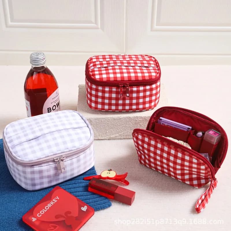 Korean Style Red Plaid Flip Cosmetic Bag Roomy Simple Stationery Organizer