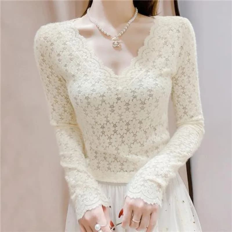 V-Neck Lace Mesh Long Sleeve Top Women | Sexy Low Cut Cropped Sheer European Blouse S-3XL