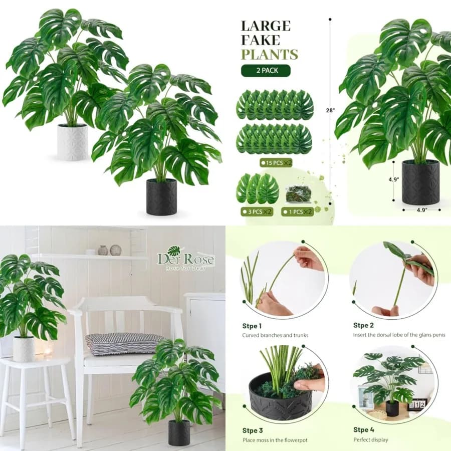 Confezione di 8 Piante Artificiali da Interno, Grandi Piante Finte in Vaso, Finte Piante di Monstera Alte per Casa, Fattoria, Camera da Letto, Soggiorno