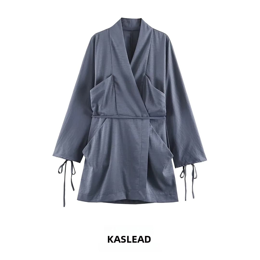 Fashionable Slimming Short Dress KASLEAD New Women's Street Style Long Sleeve Double-Breasted Belted Dress for City Commuting