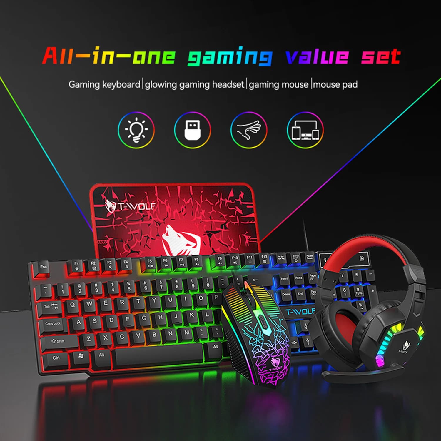 Game headset with keyboard and mouse USB 4 in 1 mouse set with English-played RGB keyboard with mouse and headphone mat