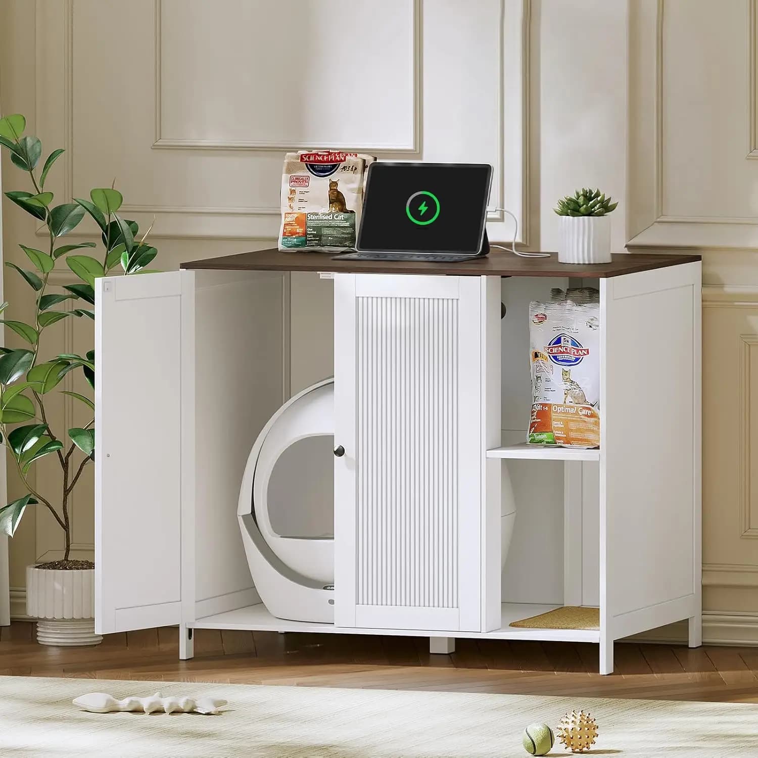 Large Cat Litter Box Enclosure for Automatic Litter Boxes,Hidden Litter Box Furniture with Shelves for Dog Proof,Charging