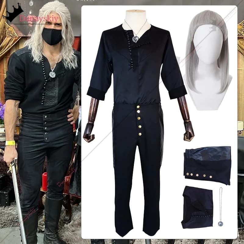 Costume cosplay da strega parrucca bianca Geralt pantaloni neri uniformi uomo anime/vestito di Halloween gioco di ruolo abiti classici medievali