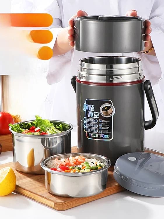 Contenitore Termico Portatile in Acciaio Inox 304, Scatola Pranzo Isolata Sottovuoto, Mantiene il Cibo Caldo per 24 Ore, Stile Cinese a Tre Strati