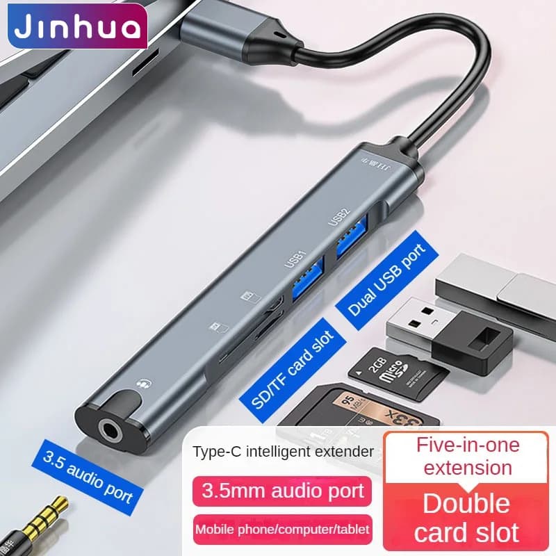 Hub multifunzione 5-in-1 Type-C con 2 porte USB, lettore di schede SD/TF e jack audio da 3,5 mm, adatto per laptop/telefoni