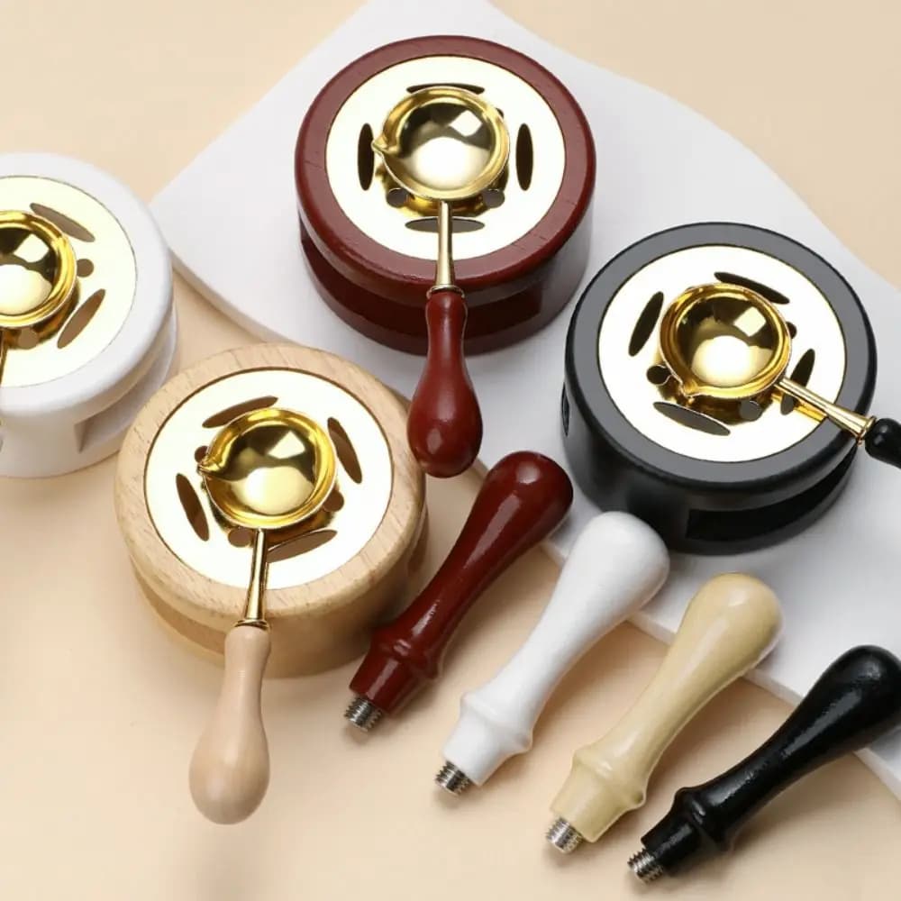 Solid Wood Wax Seal Set Vintage with Handle Wax Bead Melting Heater Heating Stove with Spoon Sealing Wax Stamps Set for 2/3 Pcs