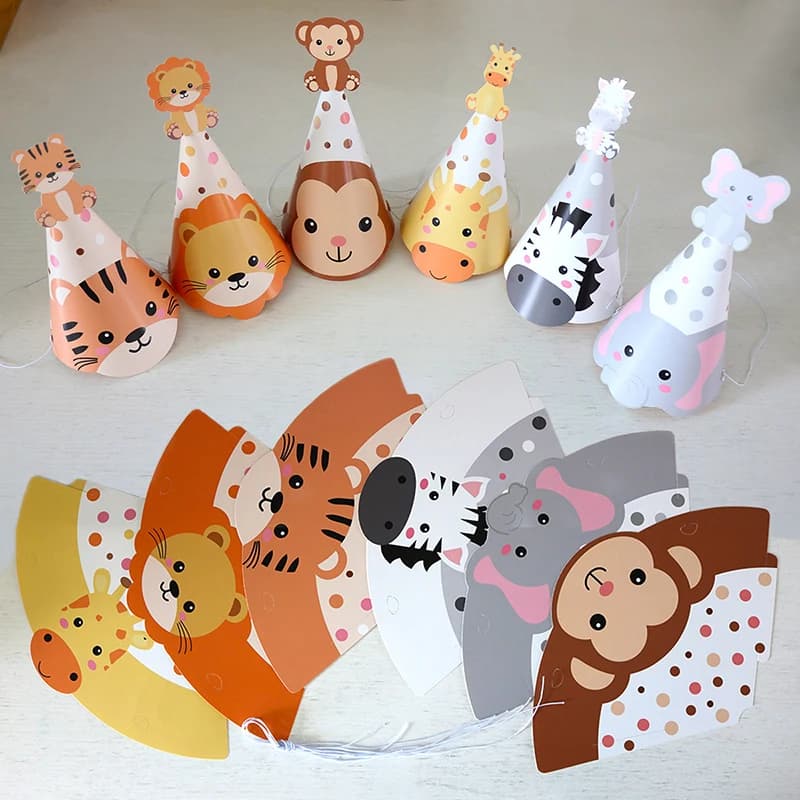 6pcs Jungle Animals Paper Hats Kids Birthday Party Decor Lion Elephant Tiger Safari Animal Wild One Birth Cap Parties Favors