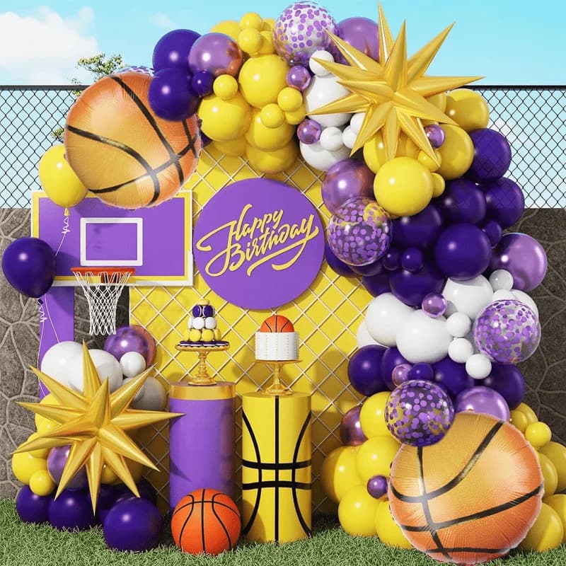 Set di arco ghirlanda di palloncini viola e gialli da 110 pezzi, adatto per la decorazione della festa di laurea di compleanno di basket a tema sportivo