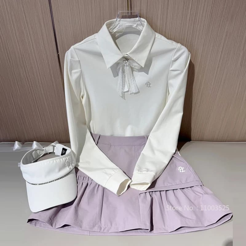 PL Golf Donna Nuovo Autunno Top Puff Manica lunga Polo Elegante stile coreano T-shirt Lady Gonna cargo da golf a pieghe con corta