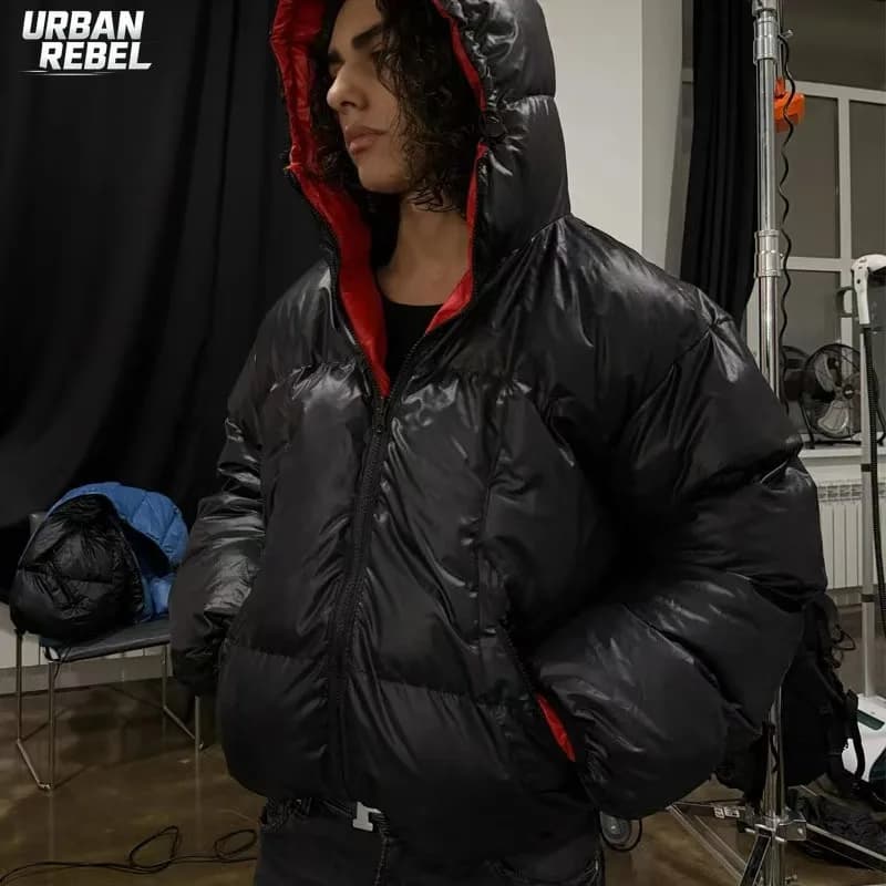 Men Winter Warm Puffer Parkas Back Print Hooded Down Oversized Windproof Coat Couple Bubble Coat Black White Y2k Outwear Jacket