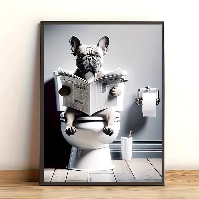 [2D Piatto] 1 pezzo di tela da parete con bulldog francese senza cornice, 12x16 pollici - Poster divertente per decorazioni per il bagno con giornali da lettura per cani