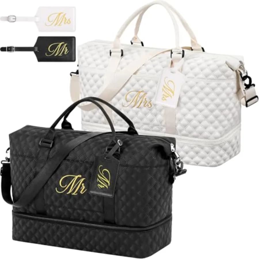Set di 4 Borse da Viaggio Include 2 Borse per Luna di Miele con Scomparto per Scarpe e 2 Etichette per Bagagli, Nero, Bianco