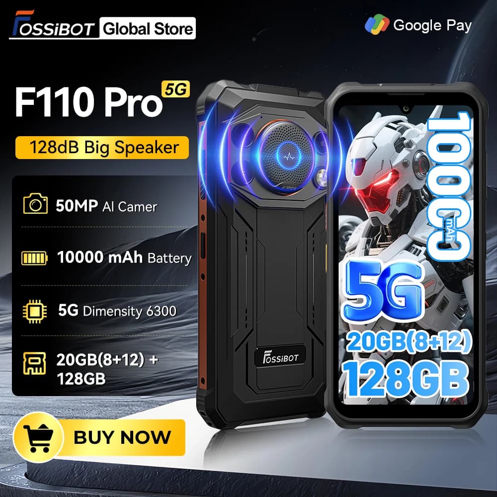 Anteprima Mondiale Fossibot [F110-Pro] Smartphone Rugged 5G Android 15, 20GB (8+12) 128GB, 10000mAh, 6.745" HD+, 50MP, Altoparlante 128dB, NFC
