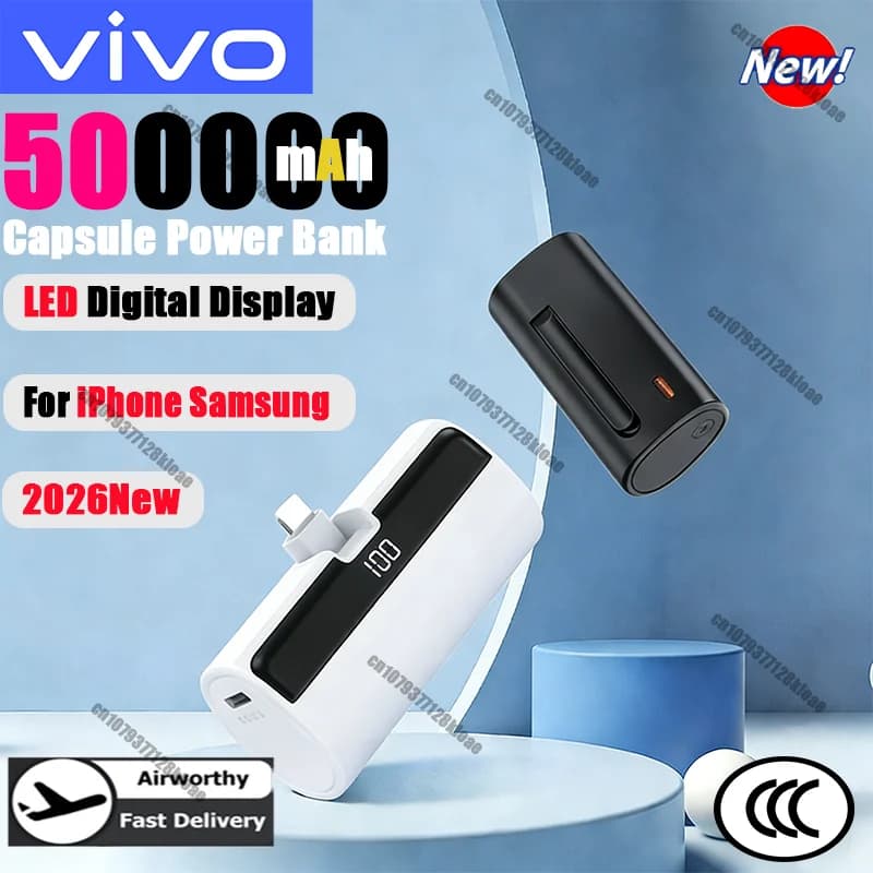 VIVO 50000mAh Capsule Power Bank 22.5W Fast Charging Powerbank LED Digital Display Portable External Battery For iPhone Samsung