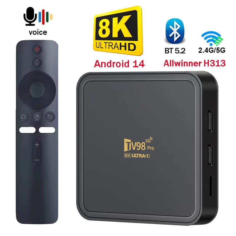 TV98 Pro TV Box Android 14 Supporto HD 8K4K Video 5G Dual Wifi BT5.2 Lettore di telecomando vocale Allwinner H313 Smart TV Box iptv