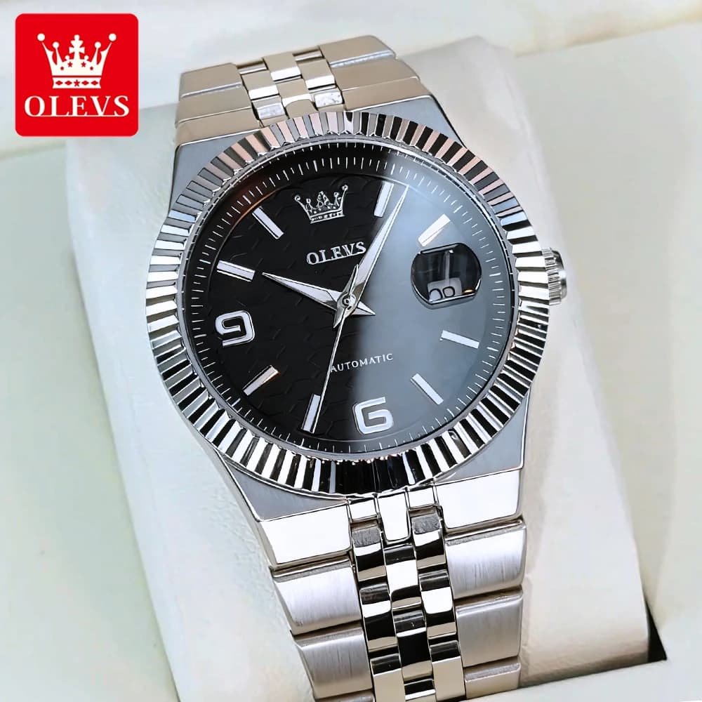 OLEVS Men Watches Luxury Fashion Fine Steel Threaded Bezel Big Date Original Automatic Mechanical Wristwatch Waterproof Luminous