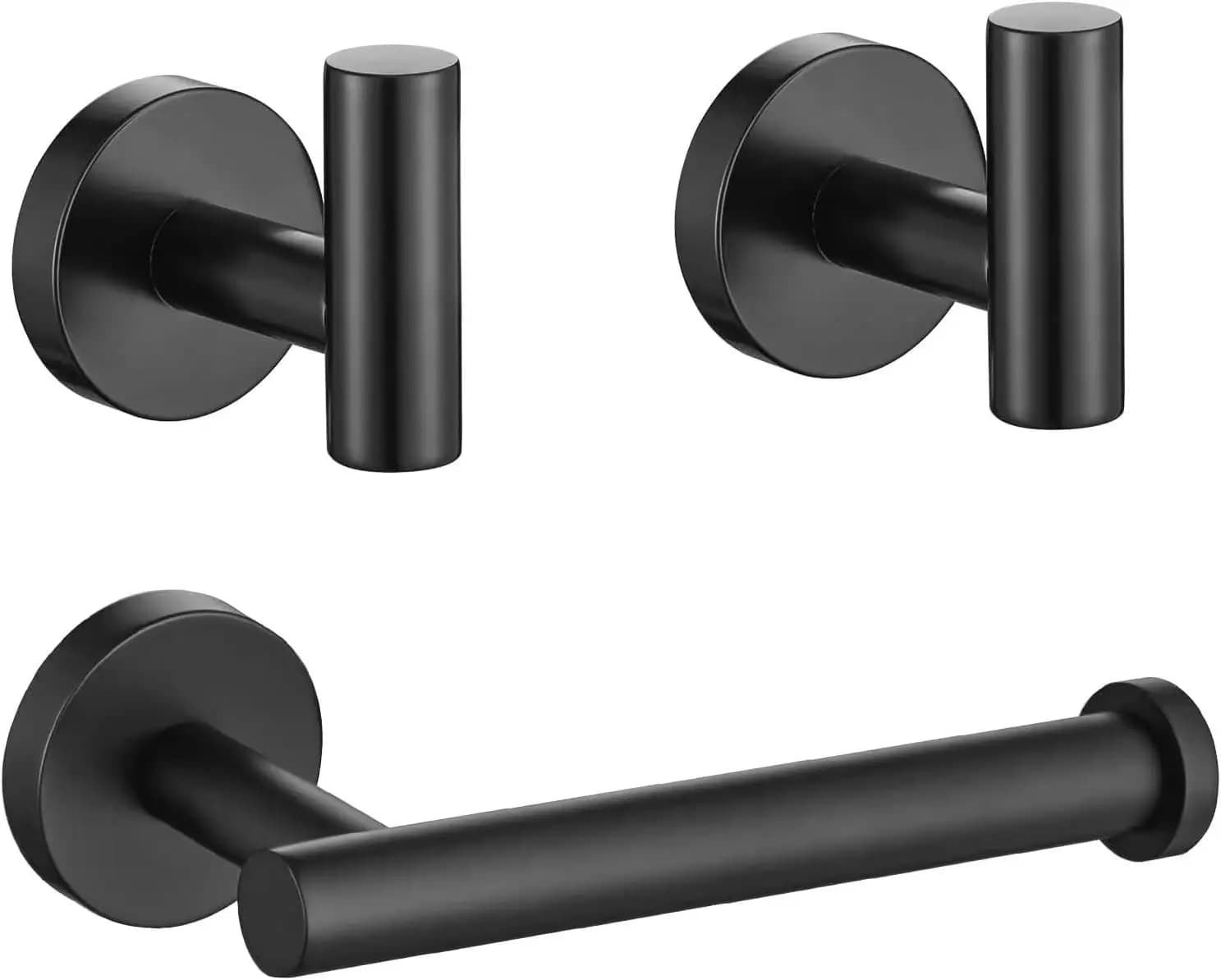 Premium matt black 3-piece bathroom accessories includes 5-inch toilet paper support, 2 bathrobe hooks, kitchen wall support