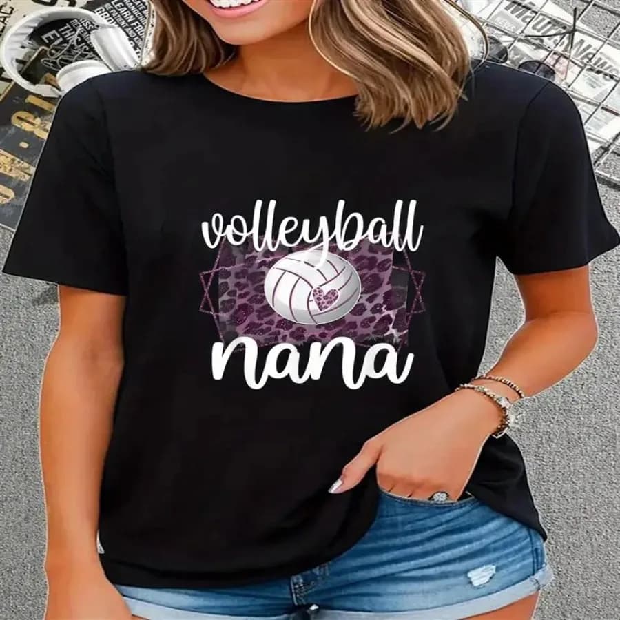 xiayu-Nana T-shirt with volleyball theme graphics - Women's casual short sleeve top with heart print and leopards, black, ideal for summer or daily use