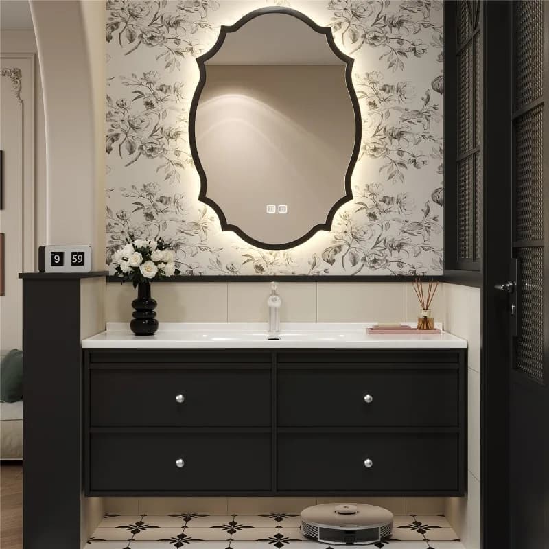 en-Ceramic Integrated Washbasin Cabinet Black French retro mirror cabinet aesthetic design accesorios para bathroom furniture-