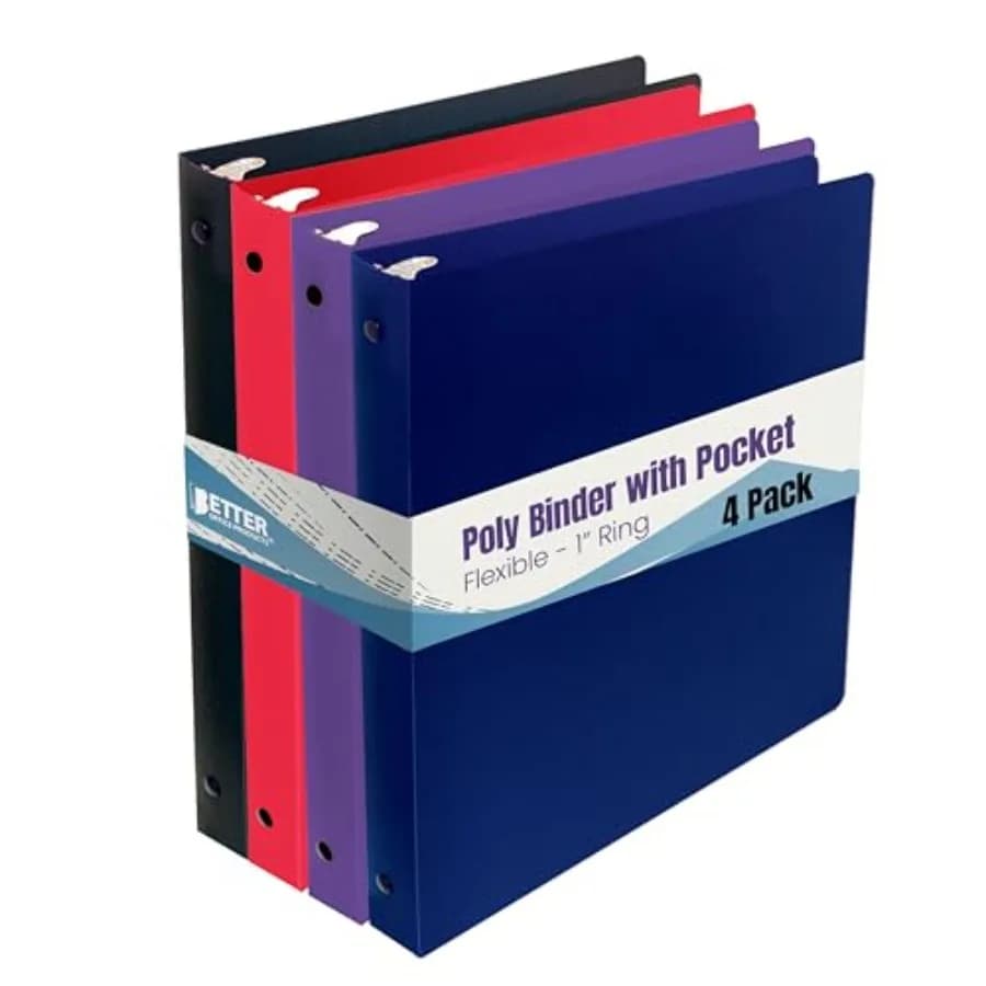 Flexible 3 Ring Poly Binder with Pocket, 1 Inch, Letter Size, 4 Pack-Red, Blue, Purple, and Black