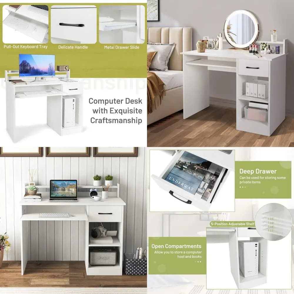Black Compact Desk with Drawers, Keyboard Tray, Open Panels and Monitor Support for Home Office or Small Spaces