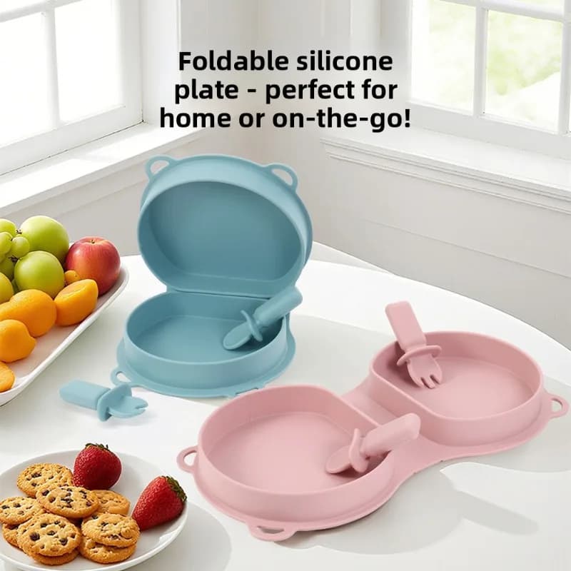 Nuovo set di cucchiai forchetta per piatti per bambini in silicone per uso alimentare Set di scatole per il pranzo pieghevoli per l'alimentazione del bambino in silicone da viaggio