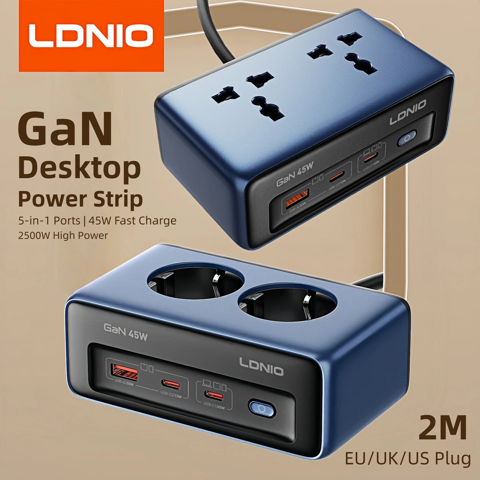 LDNIO Caricatore rapido Cube Power Strip 2M Cavo di prolunga elettrico 45W Tipo C Stazione di ricarica Us UK Eu Kr Adattatore spina USB