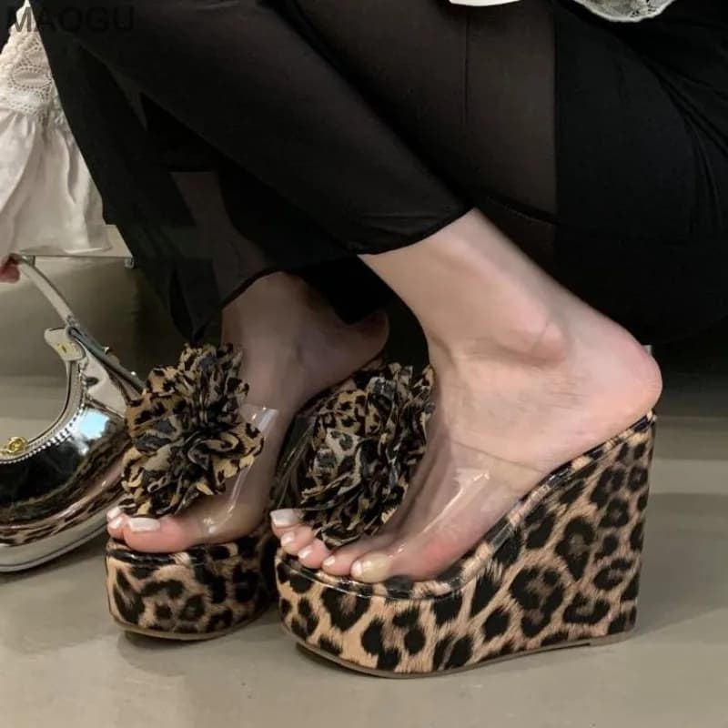 Women's Leopard Flower Platforms Sandals 13CM High Heel Wedge Slippers Sexy Summer Peep Toe Beach Shoes Fashion Heels for Ladies