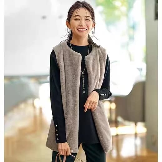 Warm Furry Vest Women's round Neck Padded Shoulder Winter New Style Thickened Sweet Style Three-acetate Fiber Coat Vest
