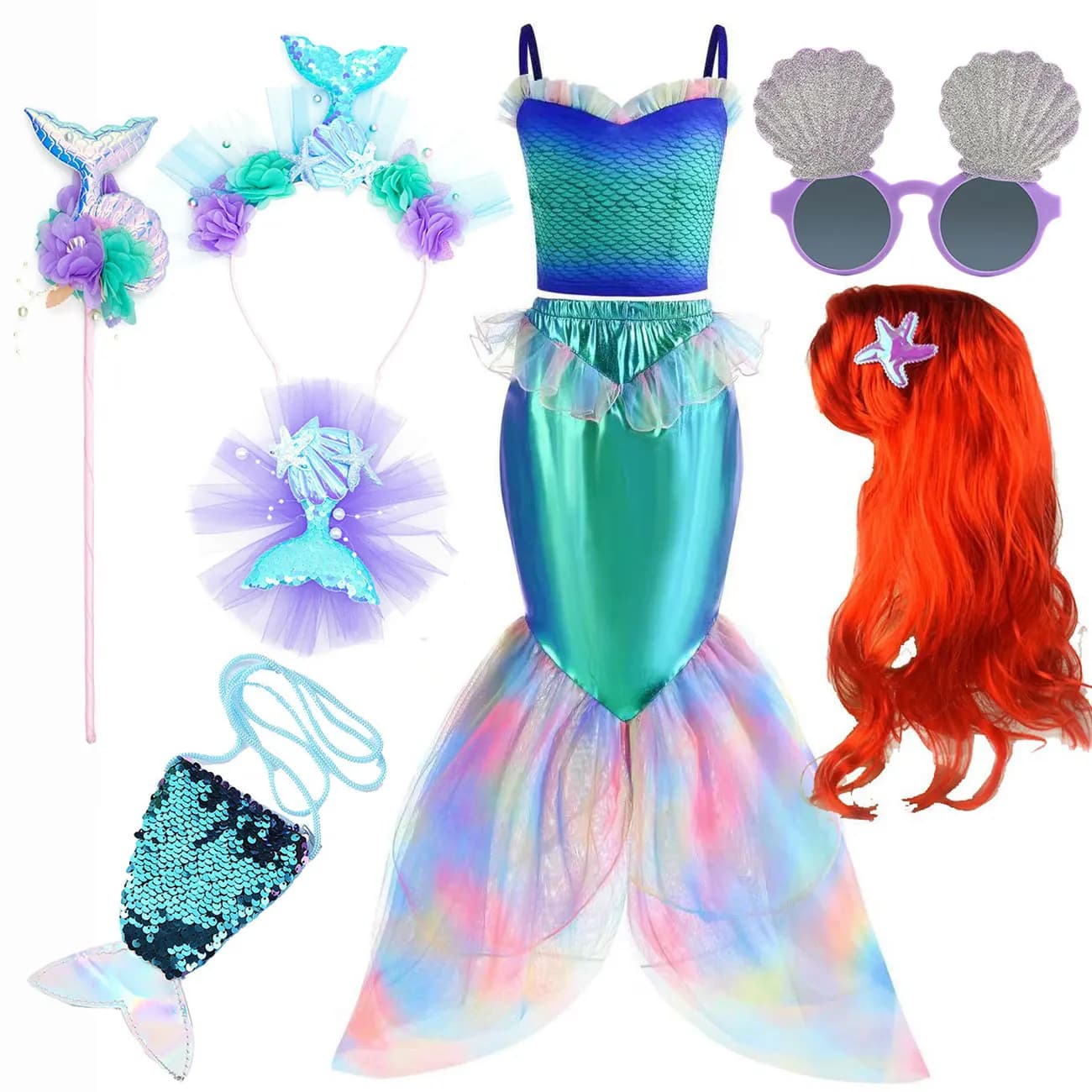 Disney Sirena Vestire Costume Ragazza Ariel Cosplay Compleanno Principessa Halloween Carnevale Abito da festa Abiti per bambini Set da spiaggia estivi